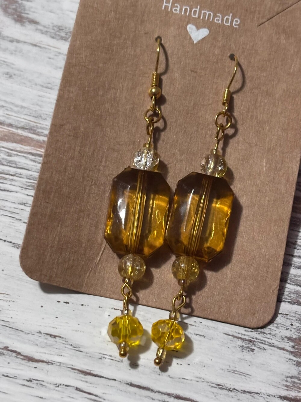 Handmade Amber Rectangle Bead Drop Earrings Honey Yellow Earthy